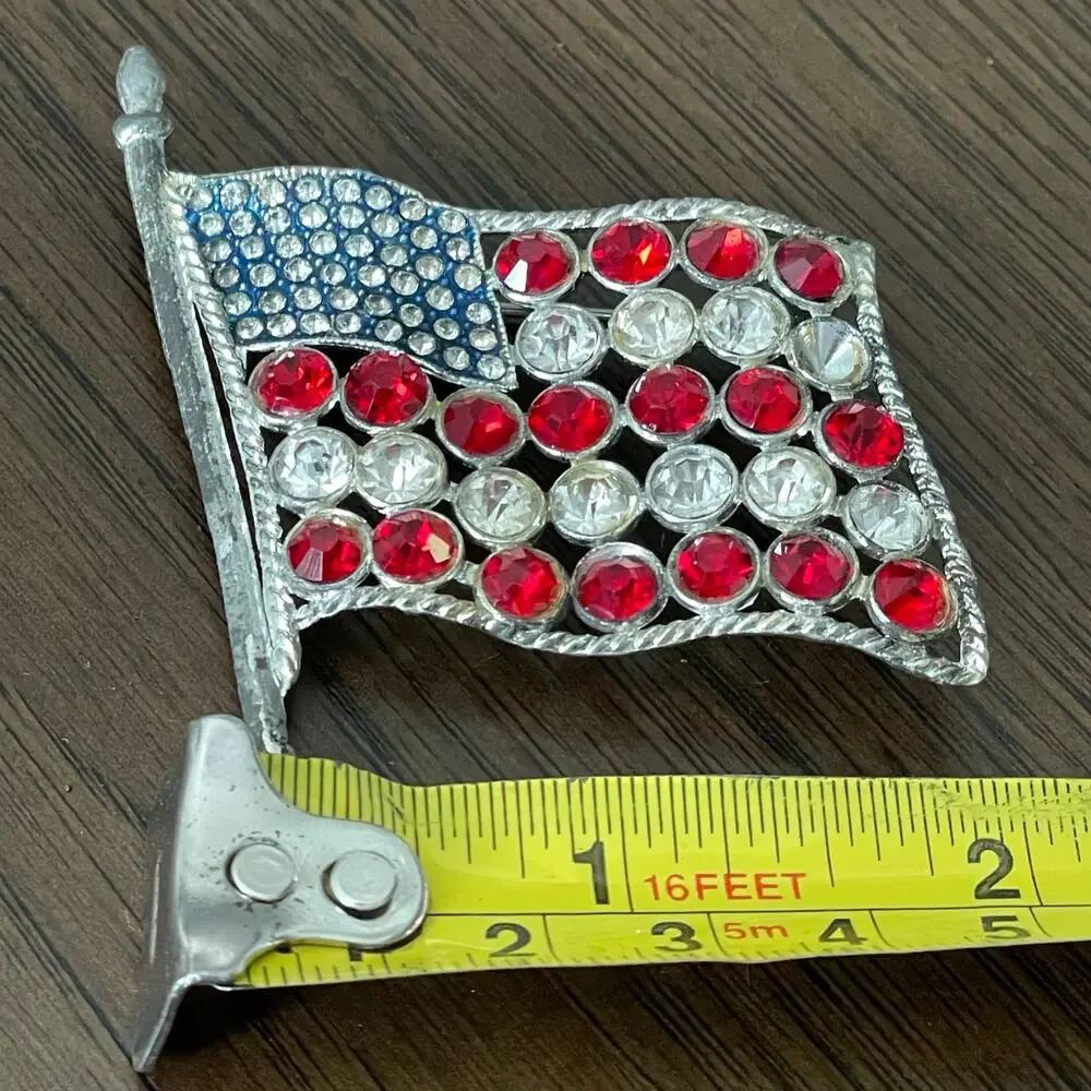 Vintage Rhinestone Patriotic Flag Brooch Pin WWII Pot Metal 48 Star FLAWED READ